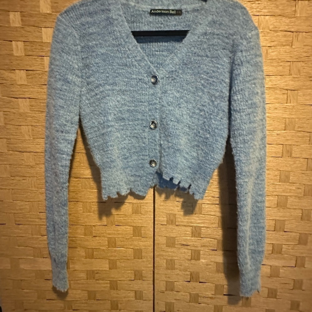 Andersson Bell Blue Lua Alpaca Boucle Wool Blend Distressed Cardigan Size XS - Picture 3 of 7